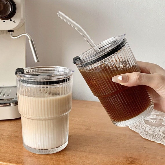 450ml Ins Simple Glass Cup With Lid Straw For Coffee Water Beer Juice  Bubble Milk Tea Transparent Glass Ice Cold Drinks Tumbler