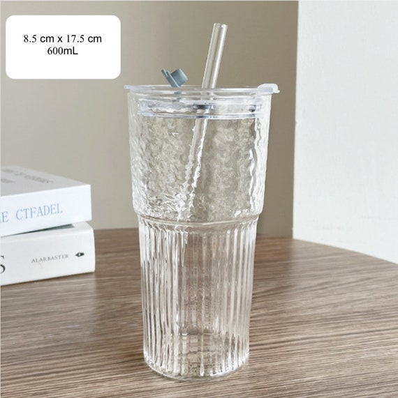 1pc Iced Coffee Cup With Lid, 1pc Glass Cup With Lid And Straw, Ribbed Glass  Container