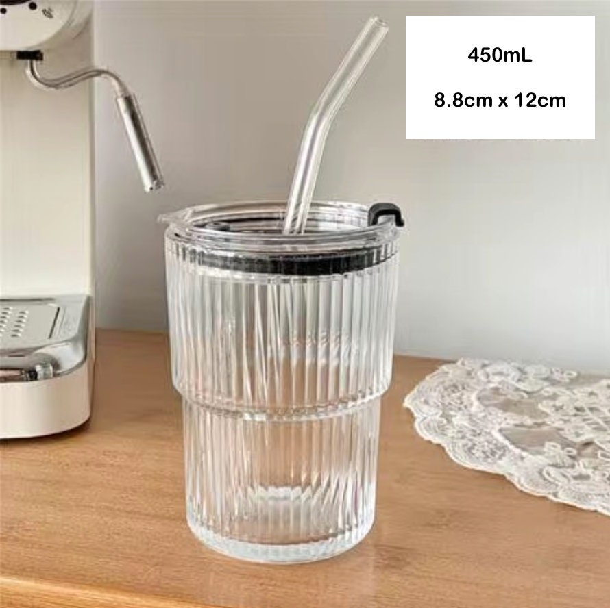 1set 375ml Striped Glass Cup With Lid & Straw For Milk, Coffee And Beverage
