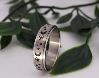 Handmade - Genuine Silver Spinner Ring Moon & Stars , Anxiety Ring , Meditation Ring, Spinning Ring, Rotating Ring, Fidget Ring, Worry Ring
