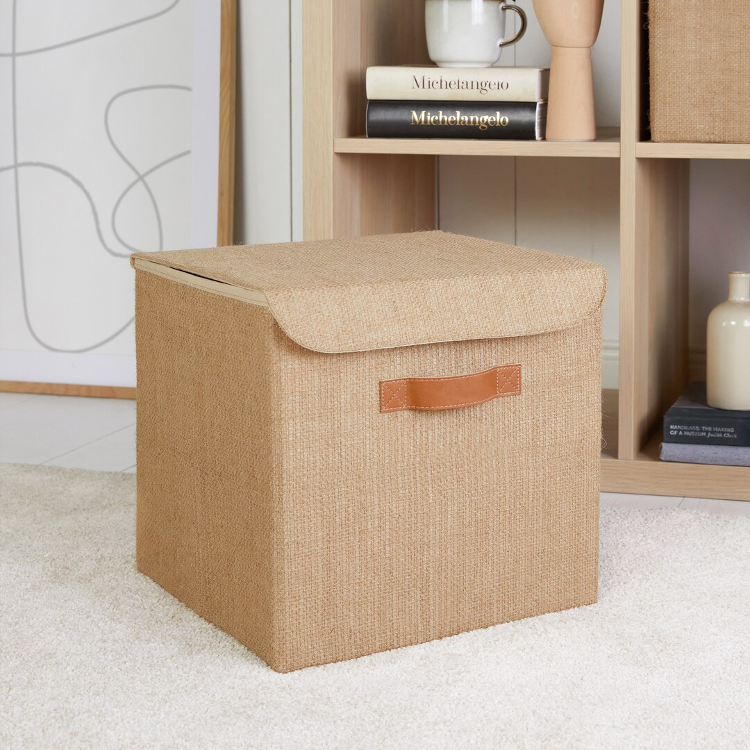 Natural Jute Storage Box With Lid, Foldable Storage Cube 30x30x30 Cm