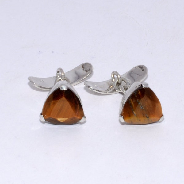 925 Sterling silver Natural Tiger's Eye Gemstone cufflinks, Men's silver Jewelry Cufflinks, Solitaire Gemstone Cufflinks