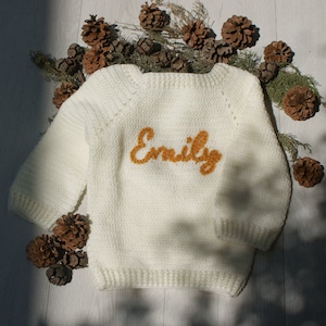 PERSONALIZED BABY SWEATER, Hand Knitted + Hand Embroidered - Custom Baby Name Sweater