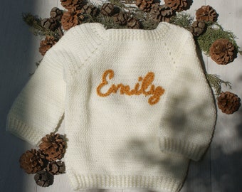 PERSONALIZED BABY SWEATER, Hand Knitted + Hand Embroidered - Custom Baby Name Sweater