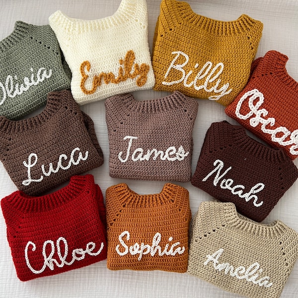 NAME SWEATER, All HANDMADE - pull bébé et enfant en bas âge au crochet - pull nom personnalisé brodé à la main