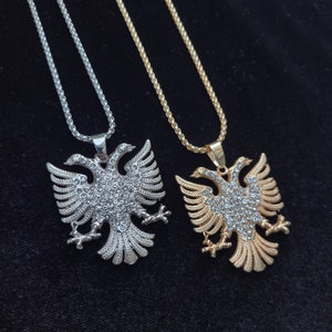 Iced Out Bling Hiphop Cubic Zirconia Roman Double Head Eagle Pendant Necklace