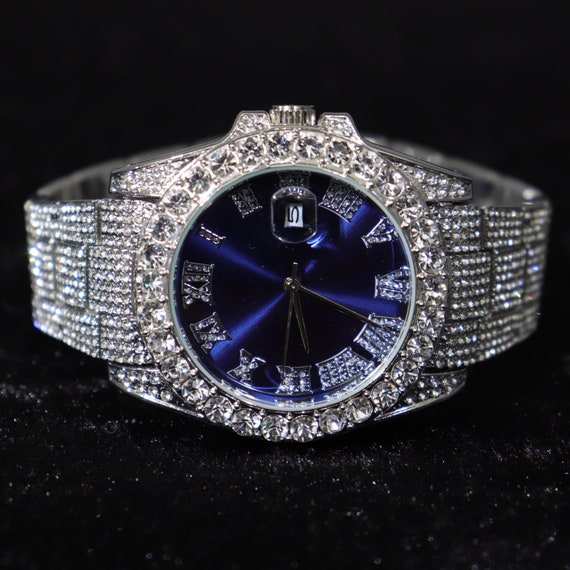 Simulated VVS CZ High Quality Luxury Diamond Blue Silver Big Rhinestones on Trim and Elegant Bling Iced Out Hip Hop Watch Etsy UK