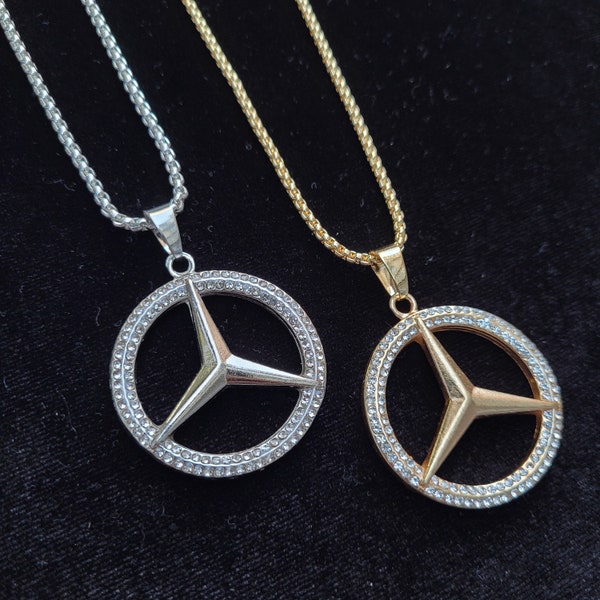 Iced Out Cubic Zirconia Stones Mercedes Benz Pendant Necklace