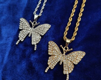 Iced Out Cubic Zirconia Stones Butterfly Pendant Necklace