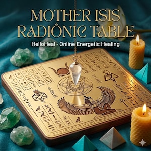 Peut inclure: Une table radionique dorée avec le texte "MOTHER ISIS RADIONIC TABLE" et "HelloHeal - Online Energetic Healing". La table présente des symboles gravés, un pendule, des cristaux verts et des bougies allumées. La table est entourée de petites pyramides.