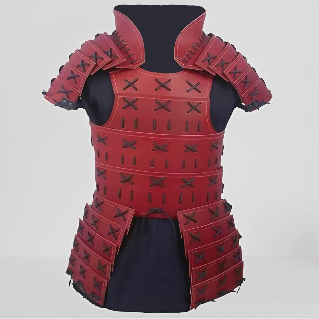 Sca Samurai Handmade Red Leather Samurai Armor Chest & Shoulder Suit for LARP/SCA ...
