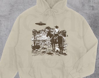 Ufo Western Hoodie, Retro Hoodie, Vintage Cowboy Hoodie, Rodeo Hoodie, Wild West Hoodie, Western Oversized Hoodie, Unisex