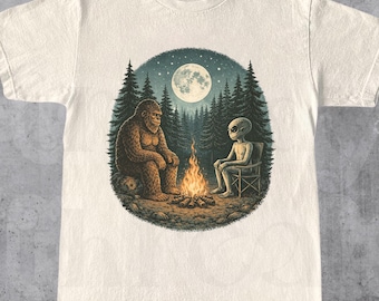 Bigfoot And Alien Campfire T-Shirt, Cryptid Alien Outdoor Tee, Mystical Forest Design, Fun Camping Graphic Tee, Unique Surreal Gift Shirt