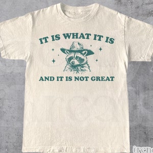 Pode incluir: Uma camiseta bege com um gráfico verde de um guaxinim usando um chapéu de cowboy. O texto "IT IS WHAT IT IS AND IT IS NOT GREAT" está impresso na camiseta.