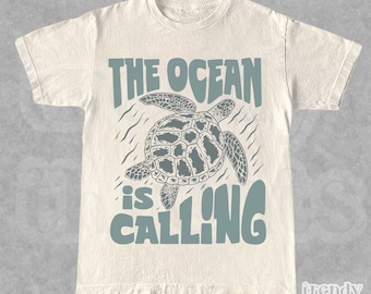 El océano está llamando camiseta / Respetar a los lugareños / Camisa ecológica / Camiseta de playa / Camisa de verano unisex / Camisa de tortuga marina oceánica