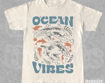 Ocean Vibes 90s T-Shirt | Retro Ocean Nature Shirt | Sealife | Whale & Shark Tee | Sea Animal Unisex Adult Tee | Beach Vacation Shirt Gift
