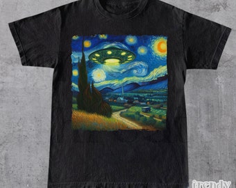 UFO Starry Night Graphic T-Shirt, Stylish Outer Space Design, Daily Casual Tee, Fun Gift for UFO Enthusiasts, Alien Tee