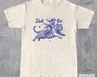 Camiseta vintage de vaquera Hell Cat montando tigre, camiseta unisex retro de gato vaquero de los años 90 para adultos, camiseta con gráfico de sheriff western, linda camiseta Y2k