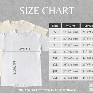 May include: Size chart for a t-shirt with measurements in inches and centimeters. Sizes range from S to 5XL.  The chart shows the width and length of each size.