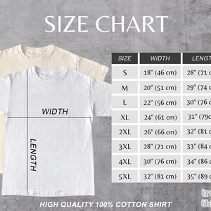 May include: Size chart for a t-shirt with measurements in inches and centimeters. The chart shows the width and length of the shirt in different sizes, from S to 5XL.