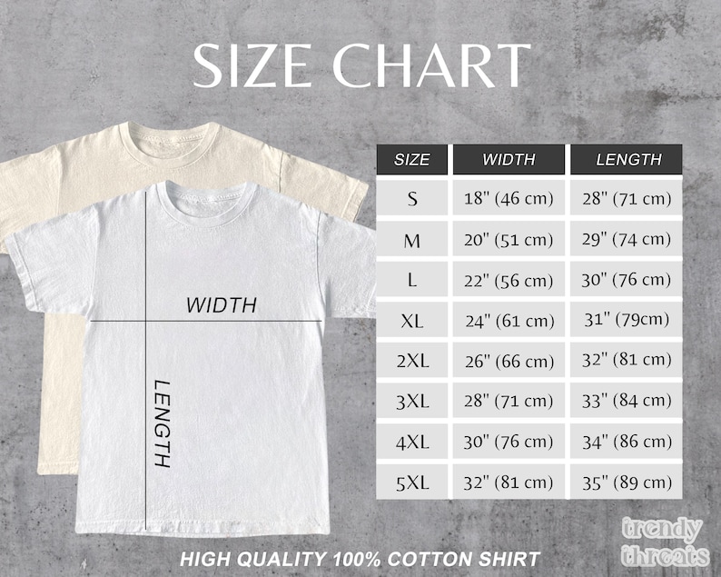 May include: Size chart for a t-shirt with measurements in inches and centimeters. The chart shows the width and length of the shirt in different sizes, from S to 5XL.