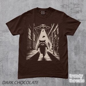 Racoon Running from Aliens T-Shirt, Funny Alien Shirt, Retro Racoon Shirt, Racoon Lover, Trash Panda, Vintage Graphic Tee, 2000s Y2K Fashion Dark Chocolate