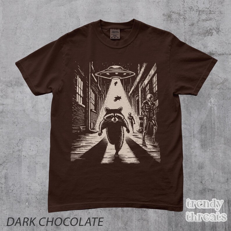 Racoon Running from Aliens T-Shirt, Funny Alien Shirt, Retro Racoon Shirt, Racoon Lover, Trash Panda, Vintage Graphic Tee, 2000s Y2K Fashion Dark Chocolate