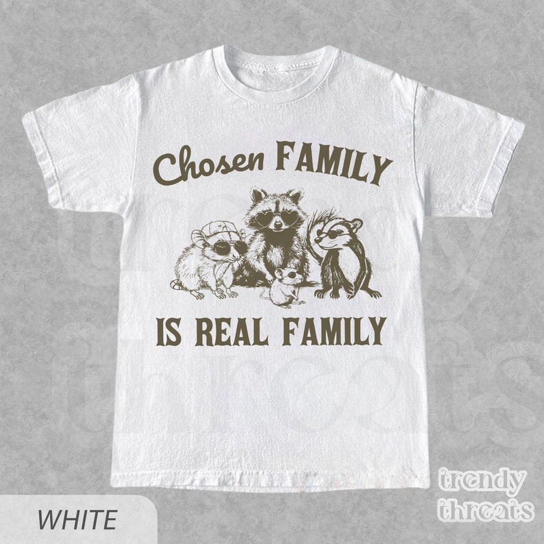 May include: White t-shirt with a brown graphic of a raccoon, a squirrel, a mouse, and a rat wearing sunglasses. The text "Chosen Family is Real Family" is printed on the shirt.