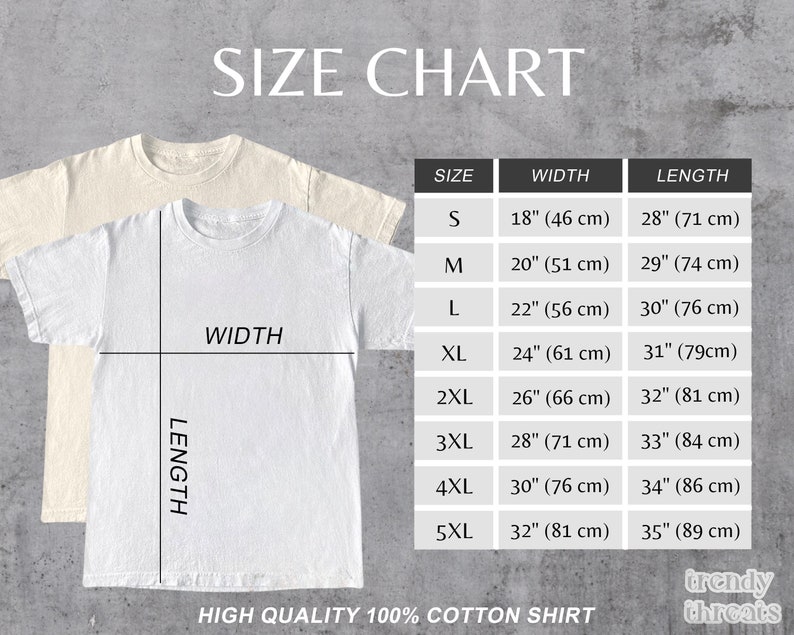 K&ouml;nnte beinhalten: Gr&ouml;&szlig;entabelle f&uuml;r ein T-Shirt mit Ma&szlig;en in Zoll und Zentimetern. Die Tabelle zeigt die Breite und L&auml;nge des T-Shirts in verschiedenen Gr&ouml;&szlig;en von S bis 5XL.