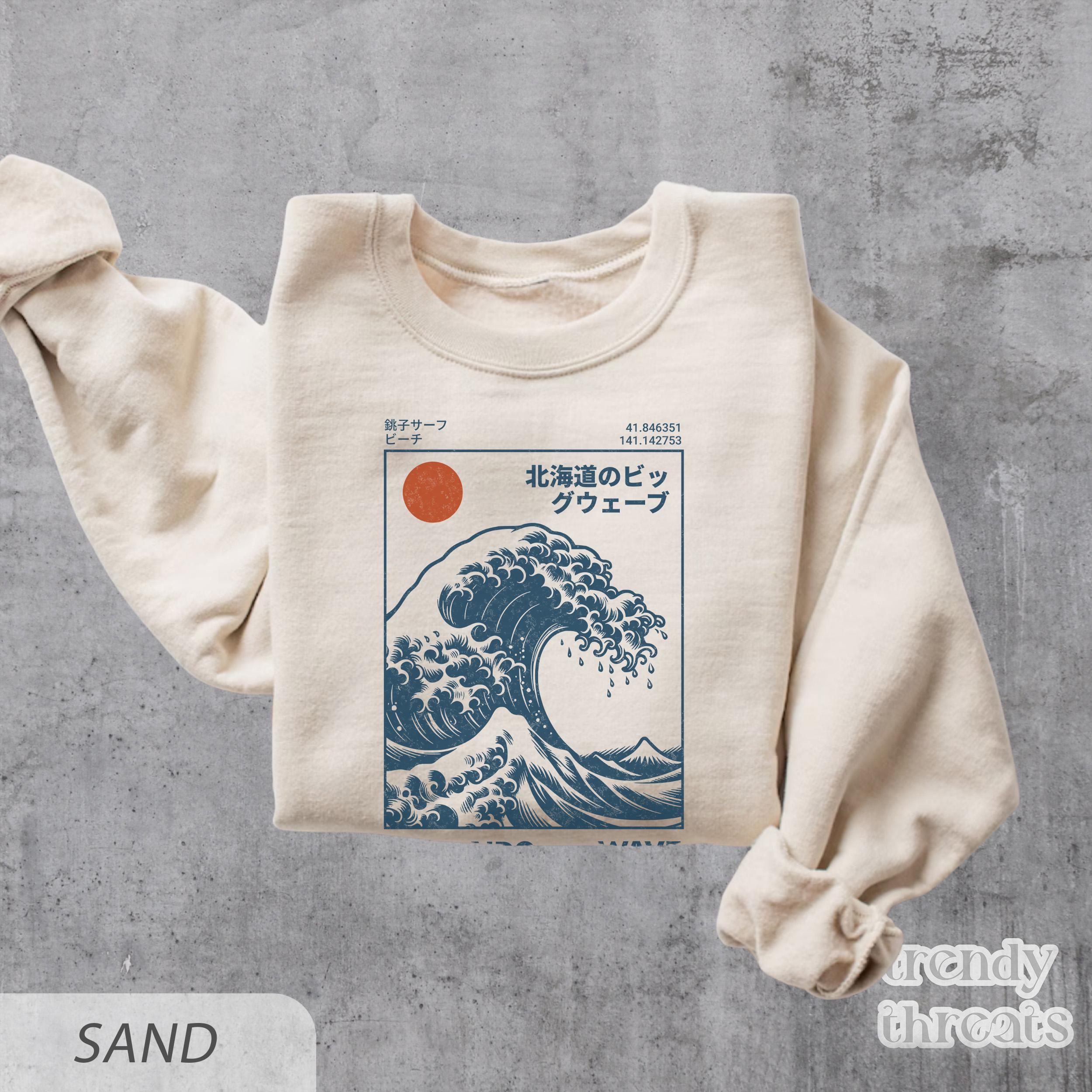 Hokkaido Wave Sweatshirt, Retro Japanese Surf Shirt, Ukiyo-e Great