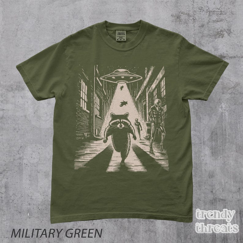 Racoon Running from Aliens T-Shirt, Funny Alien Shirt, Retro Racoon Shirt, Racoon Lover, Trash Panda, Vintage Graphic Tee, 2000s Y2K Fashion Military Green
