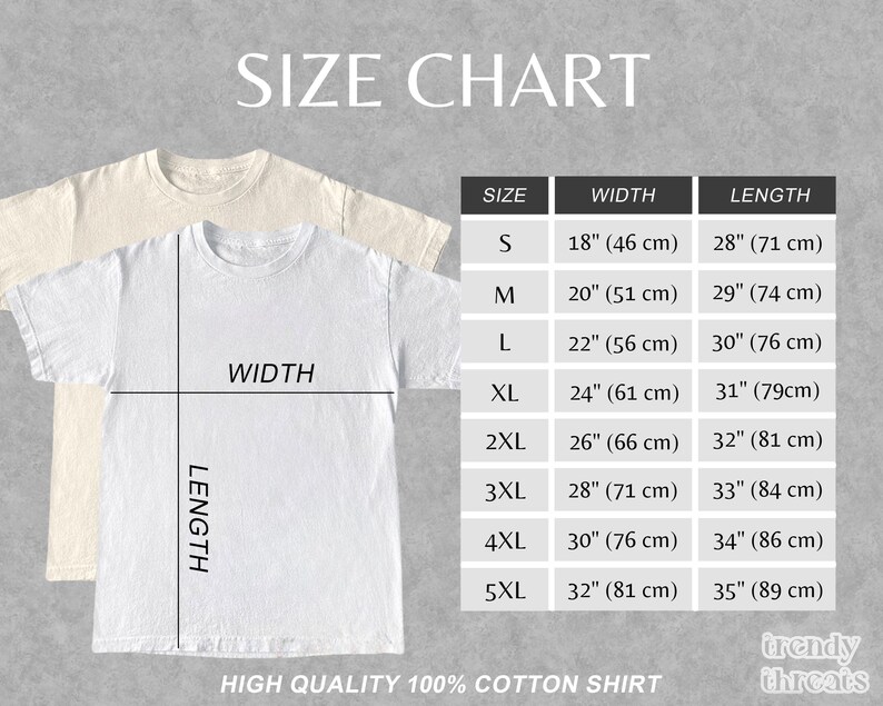Op de afbeelding: Maattabel voor een T-shirt met maten in inches en centimeters. De maten vari&euml;ren van S tot 5XL. De tabel toont de breedte en lengte van elke maat.