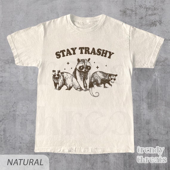 Vintage 90s Funny Racoon Shirt | Retro Y2k Boho Aesthetic, Cute Stay Trashy T Shirt, Fun Meme T-Shirts, Cottagecore, Oversized Raccoon Tee
