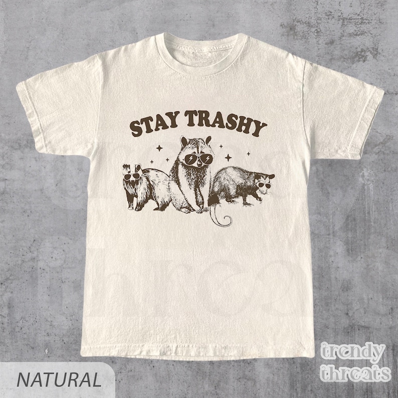 Vintage 90s Funny Racoon Shirt | Retro Y2k Boho Aesthetic, Cute Stay Trashy T Shirt, Fun Meme T-Shirts, Cottagecore, Oversized Raccoon Tee