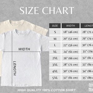 May include: Size chart for a t-shirt in sizes S through 5XL. The chart shows the width and length of each size in inches and centimeters.  HIGH QUALITY 100% COTTON SHIRT