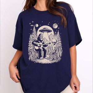 Bigfoot Plays Guitar with Alien and UFO Shirt - Navy