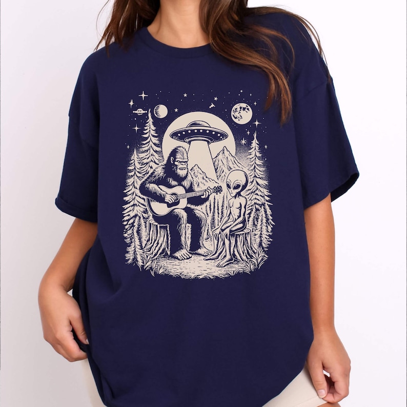 Bigfoot Plays Guitar with Alien and UFO Shirt - Navy