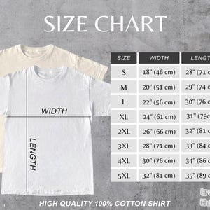 May include: Size chart for a t-shirt with measurements in inches and centimeters. Sizes range from S to 5XL.  The chart shows the width and length of each size.