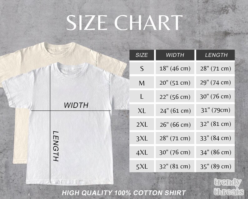 May include: Size chart for a t-shirt with measurements in inches and centimeters. Sizes range from S to 5XL.  The chart shows the width and length of each size.