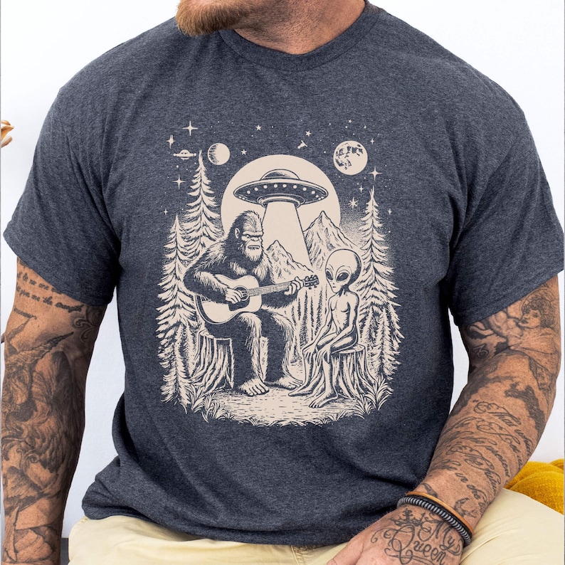 Bigfoot Plays Guitar with Alien and UFO Shirt - Dark Heather