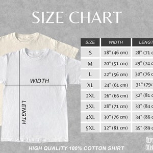 May include: Size chart for a t-shirt with measurements in inches and centimeters. Sizes range from S to 5XL.  The chart shows the width and length of each size.