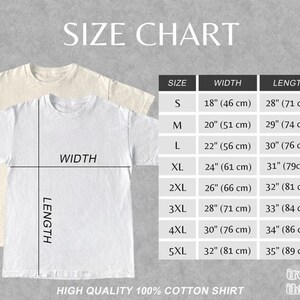 May include: Size chart for a t-shirt with measurements in inches and centimeters. Sizes range from S to 5XL.  The chart shows the width and length of each size.