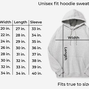 May include: Size chart for a unisex hoodie sweatshirt. The chart shows the width, length, and sleeve length in inches for sizes S through 5X.