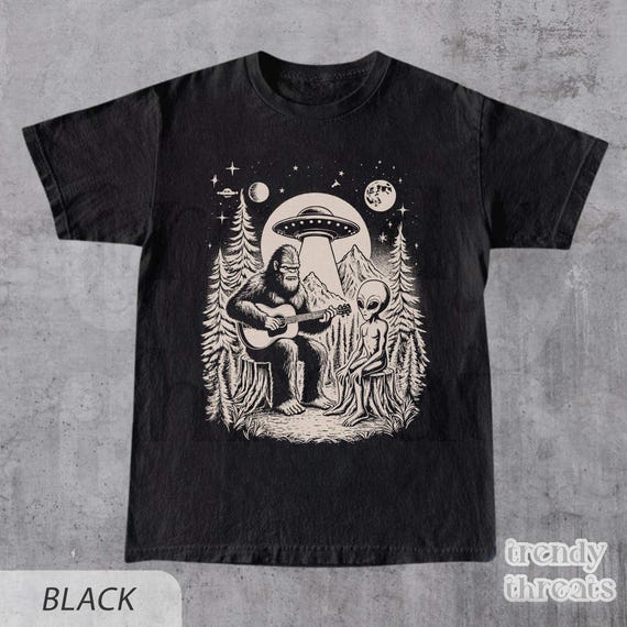 Bigfoot Plays Guitar with Alien and UFO Shirt, Funny Conspiracy T Shirt, Outdoor Lover Shirt, Bigfoot Meme Tee, Weird & Funny Gift, Unisex