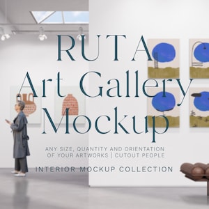 Puede incluir: Una maqueta de interior de galería de arte moderna con una pared blanca, un banco de cuero marrón y una persona de pie en el fondo mirando una pintura abstracta en blanco y negro. El texto "RUTA Art Gallery Mockup" se muestra en la pared. El texto "ANY SIZE, QUANTITY AND ORIENTATION OF YOUR ARTWORKS | CUTOUT PEOPLE" se muestra debajo del título. El texto "INTERIOR MOCKUP COLLECTION" se muestra debajo del texto anterior.