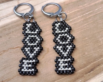 Miyuki Pearl Earrings LOVE, Black and Silver Statement Earrings, Handmade Peyote Earrings, Boho Pearl Earrings Gift Idea, Pearl Jewelry
