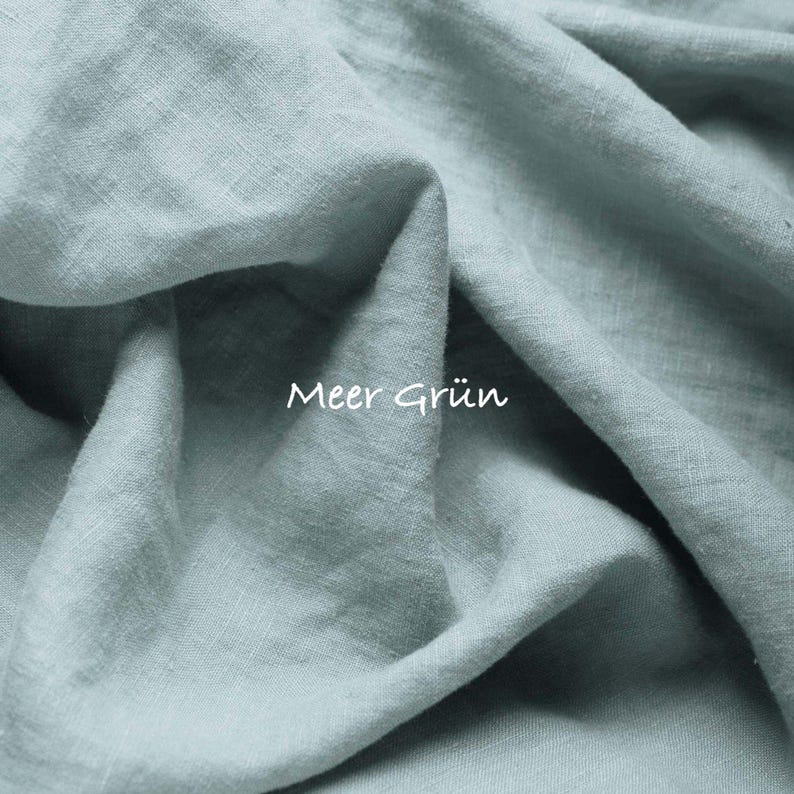 Fine linen fabric – 100% linen (stone washed), 135 cm wide, 165 g/m². For clothing, tablecloths, and decoration. Breathable, sustainable, and easy to care for. Meer Grün