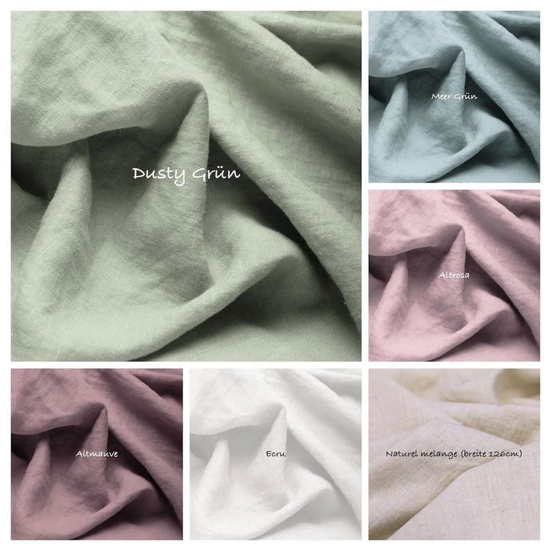 May include: A collection of fabric swatches in various colors including Dusty Gr&uuml;n, Meer Gr&uuml;n, Altrose, Altmauve, Ecru, and Naturel melange. The textiles feature a visible woven texture and folds, with the Naturel melange swatch labeled as 126cm wide.
