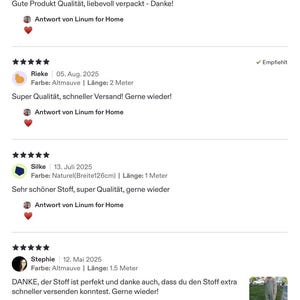 May include: A digital interface displaying customer reviews for a product. The text includes names like J&uuml;rgen, Rieke, Silke, and Stephie, along with star ratings, dates, color options like Naturel and Altmauve, and lengths in meters.