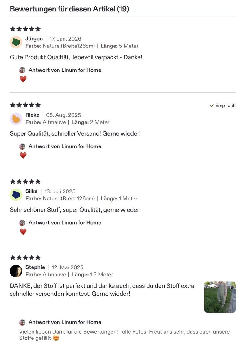 May include: A digital interface displaying customer reviews for a product. The text includes names like J&uuml;rgen, Rieke, Silke, and Stephie, along with star ratings, dates, color options like Naturel and Altmauve, and lengths in meters.